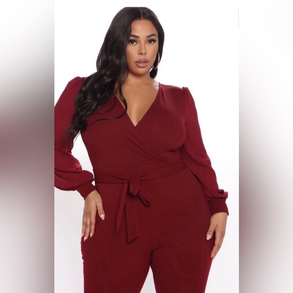 NWT FashionNova Burgundy Balloon Long Sleeve Jumpsuit - Picture 3 of 6